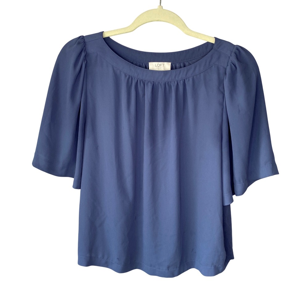 LOFT Outlet Blue Pleated Scoop Neck Flutter Sleeve Blouse Petite Small SP